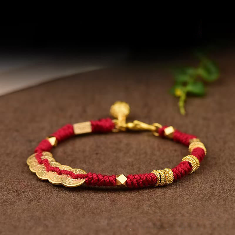 Buddha Stones Handmade Five Emperor Coins Wealth String Braided Bracelet