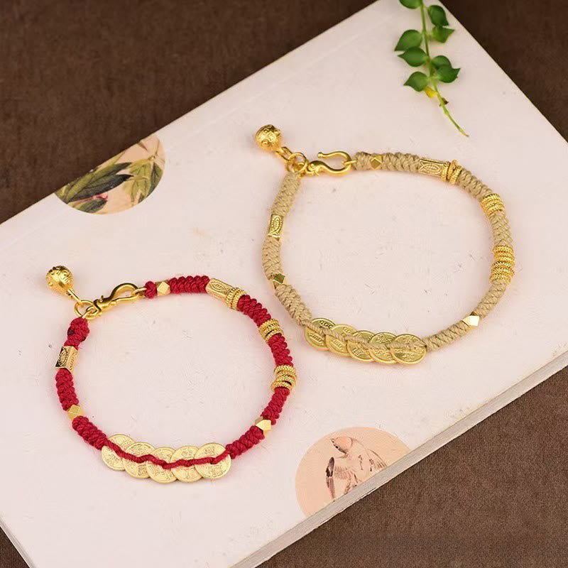 Buddha Stones Handmade Five Emperor Coins Wealth String Braided Bracelet