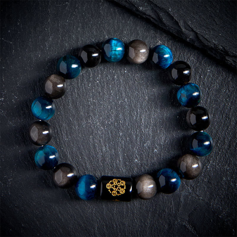 Buddha Stones Silver Sheen Obsidian Blue Tiger Eye Black Onyx Five Elements Protection Bracelet
