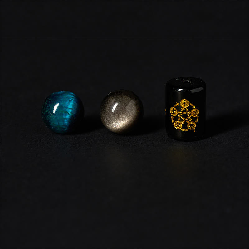 Buddha Stones Silver Sheen Obsidian Blue Tiger Eye Black Onyx Five Elements Protection Bracelet