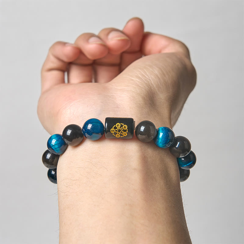 Buddha Stones Silver Sheen Obsidian Blue Tiger Eye Black Onyx Five Elements Protection Bracelet