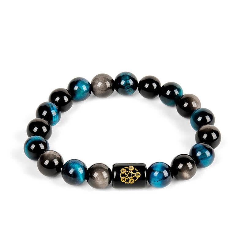 Buddha Stones Silver Sheen Obsidian Blue Tiger Eye Black Onyx Five Elements Protection Bracelet