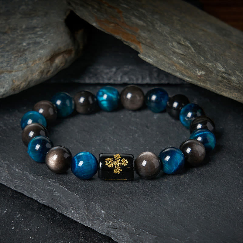 Buddha Stones Silver Sheen Obsidian Blue Tiger Eye Black Onyx Five Elements Protection Bracelet