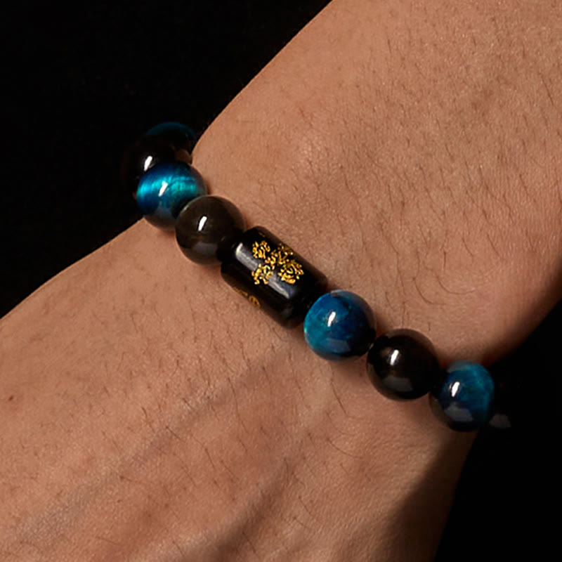 Buddha Stones Silver Sheen Obsidian Blue Tiger Eye Black Onyx Five Elements Protection Bracelet