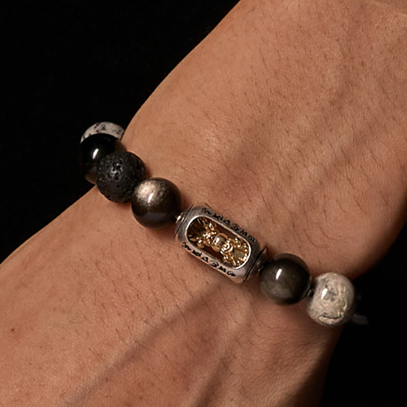 Buddha Stones Silver Sheen Obsidian Lava Rock Grey Jasper Om Mani Padme Hum Vajra Soothing Bracelet
