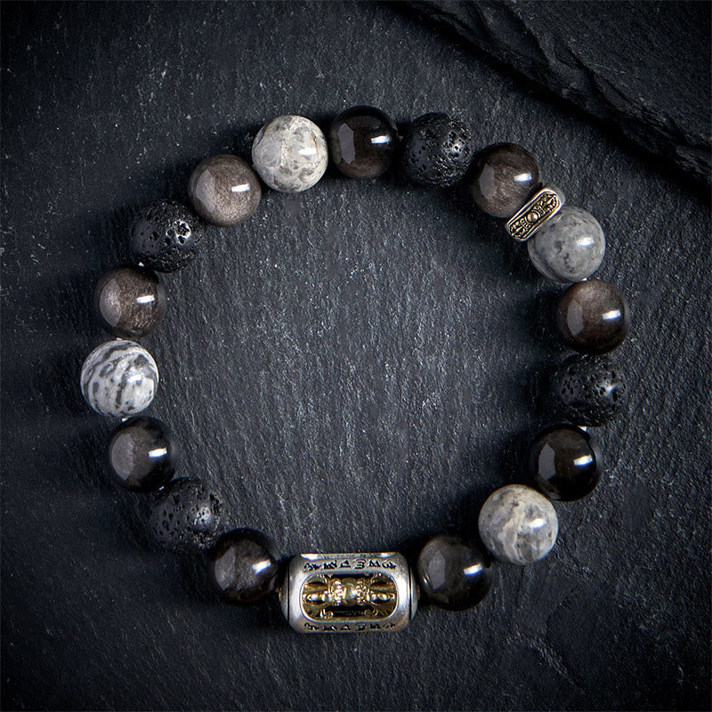 Buddha Stones Silver Sheen Obsidian Lava Rock Grey Jasper Om Mani Padme Hum Vajra Soothing Bracelet