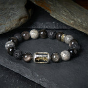Buddha Stones Silver Sheen Obsidian Lava Rock Grey Jasper Om Mani Padme Hum Vajra Soothing Bracelet