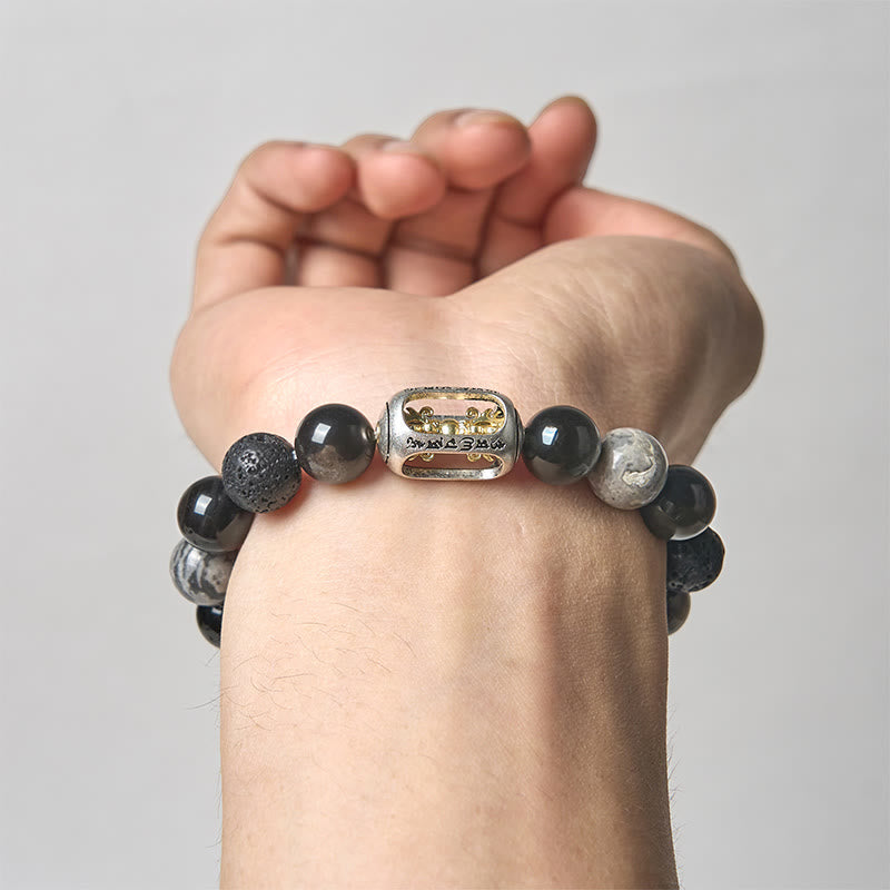 Buddha Stones Silver Sheen Obsidian Lava Rock Grey Jasper Om Mani Padme Hum Vajra Soothing Bracelet