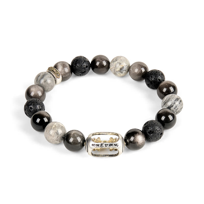 Buddha Stones Silver Sheen Obsidian Lava Rock Grey Jasper Om Mani Padme Hum Vajra Soothing Bracelet