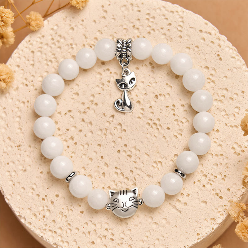 EverestArtstudios White Cat Natural White Chalcedony Bead Positive Bracelet