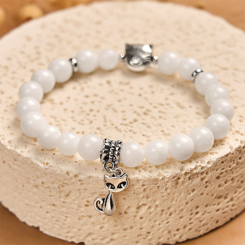 EverestArtstudios White Cat Natural White Chalcedony Bead Positive Bracelet