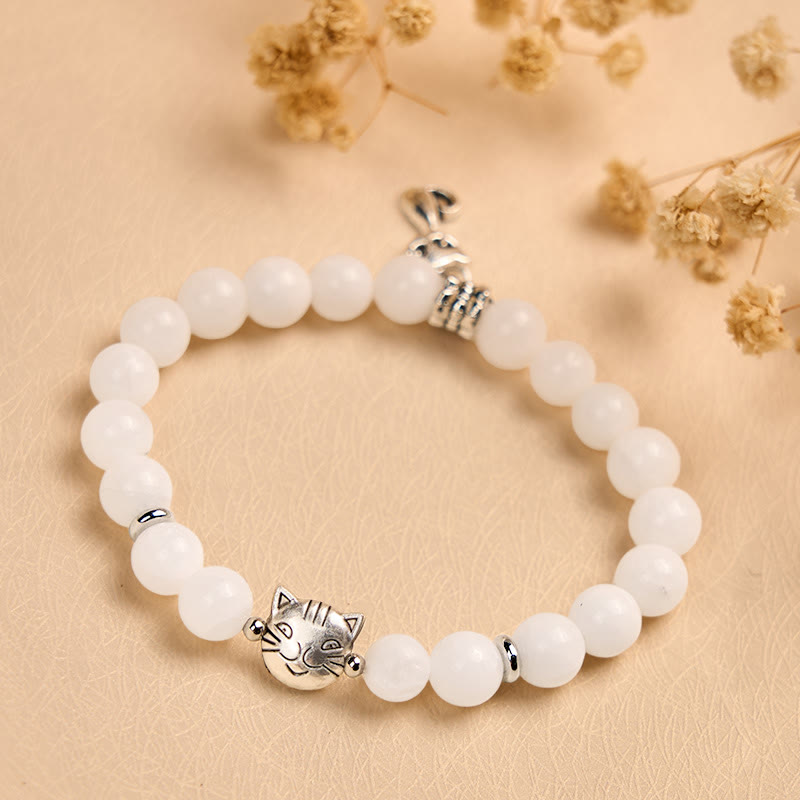 EverestArtstudios White Cat Natural White Chalcedony Bead Positive Bracelet
