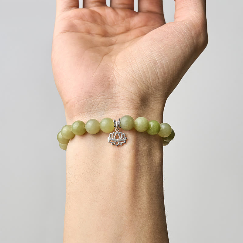 EverestArtstudios 925 Sterling Silver Lotus Natural Cyan Jade Luck Bracelet