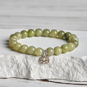 EverestArtstudios 925 Sterling Silver Lotus Natural Cyan Jade Luck Bracelet