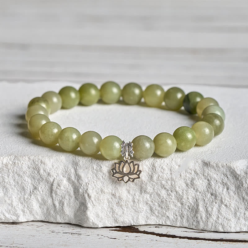 EverestArtstudios 925 Sterling Silver Lotus Natural Cyan Jade Luck Bracelet