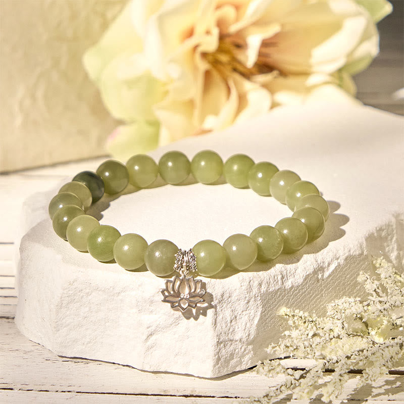 EverestArtstudios 925 Sterling Silver Lotus Natural Cyan Jade Luck Bracelet