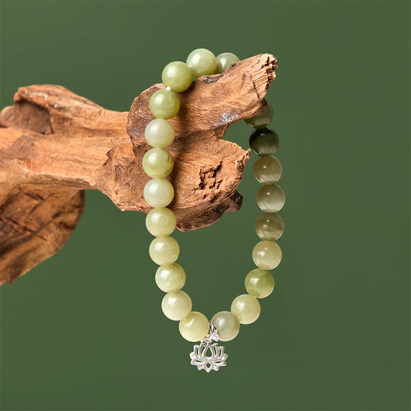 EverestArtstudios 925 Sterling Silver Lotus Natural Cyan Jade Luck Bracelet