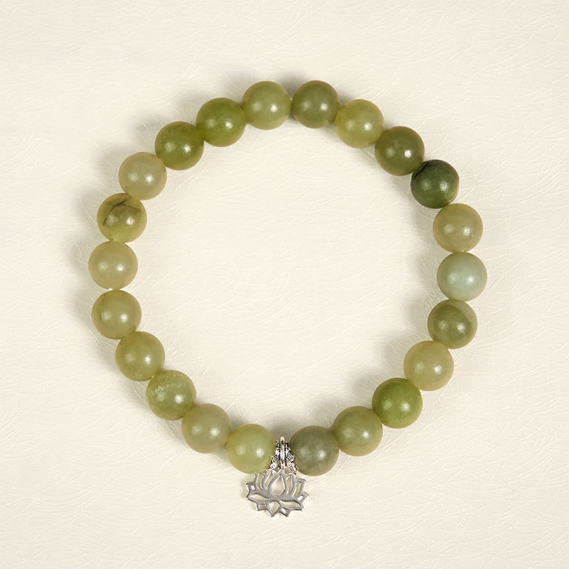 EverestArtstudios 925 Sterling Silver Lotus Natural Cyan Jade Luck Bracelet