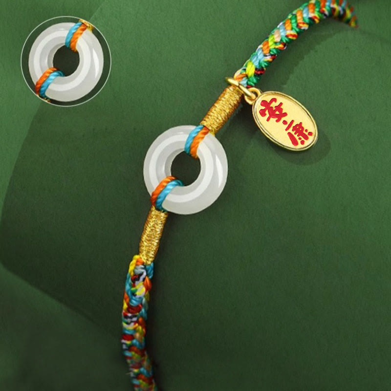 EverestArtstudios Handmade Peace Buckle Jade Prosperity 925 Sterling Silver Colorful Rope Bracelet