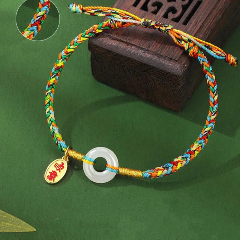 EverestArtstudios Handmade Peace Buckle Jade Prosperity 925 Sterling Silver Colorful Rope Bracelet