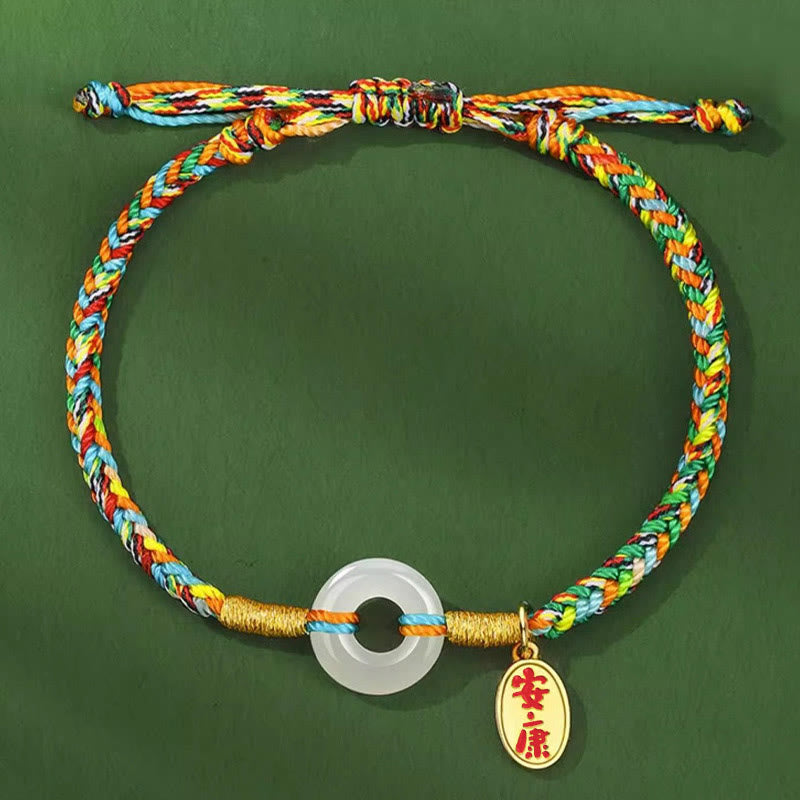 EverestArtstudios Handmade Peace Buckle Jade Prosperity 925 Sterling Silver Colorful Rope Bracelet