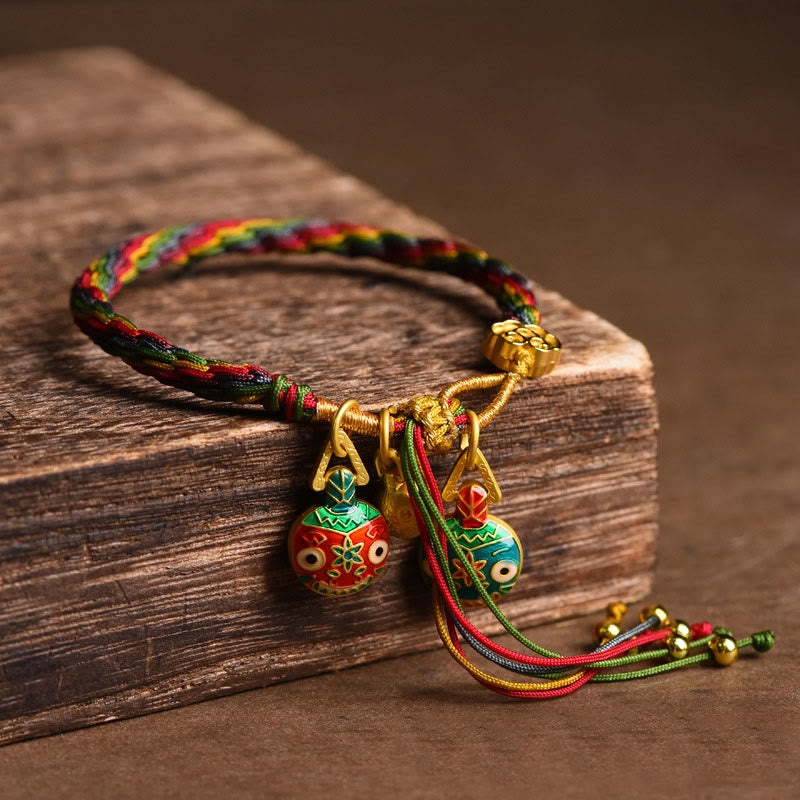 Buddha Stones Tibet Gold Swallowing Beast Family Luck Knot Braid Colorful String Bracelet