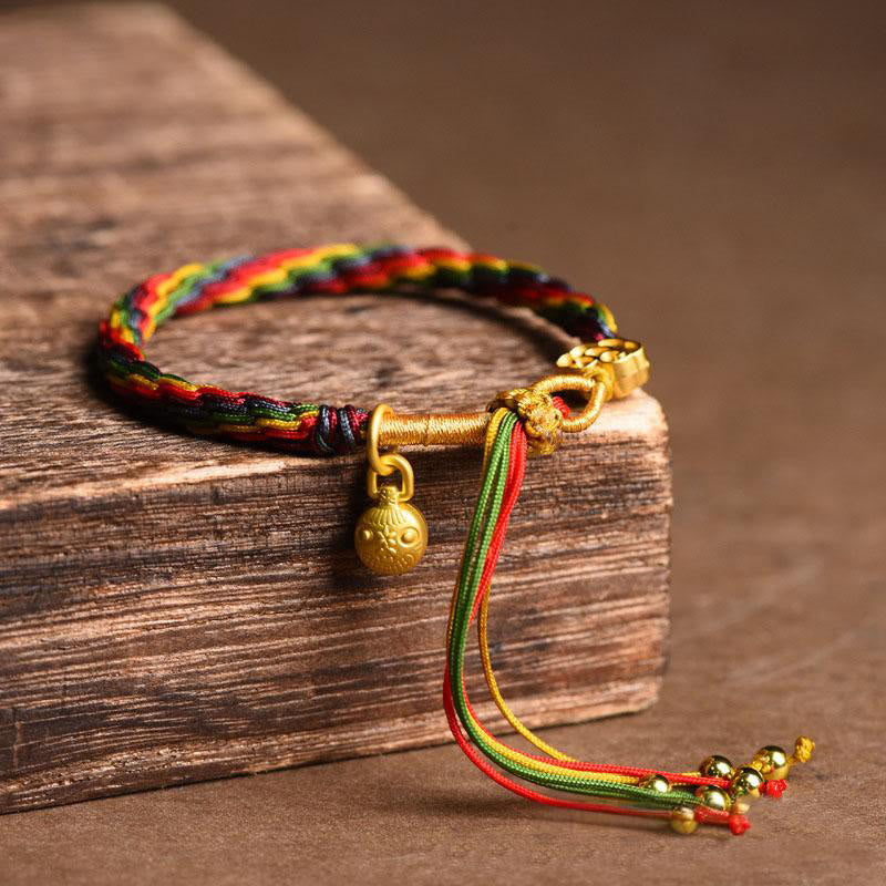 Buddha Stones Tibet Gold Swallowing Beast Family Luck Knot Braid Colorful String Bracelet