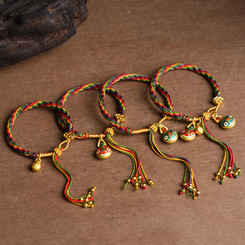 Buddha Stones Tibet Gold Swallowing Beast Family Luck Knot Braid Colorful String Bracelet