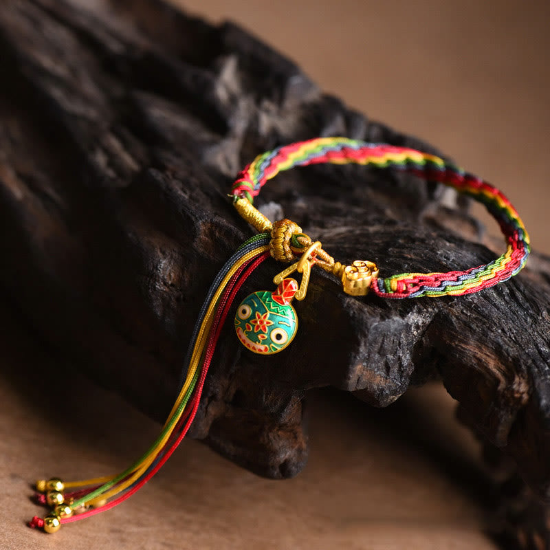 Buddha Stones Tibet Gold Swallowing Beast Family Luck Knot Braid Colorful String Bracelet