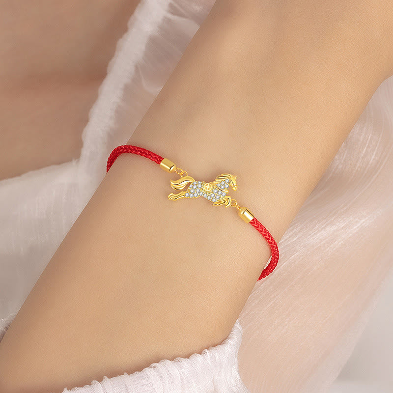 Buddha Stones Chinese Zodiac Year Of The Horse 925 Sterling Silver Golden Red String Luck Bracelet
