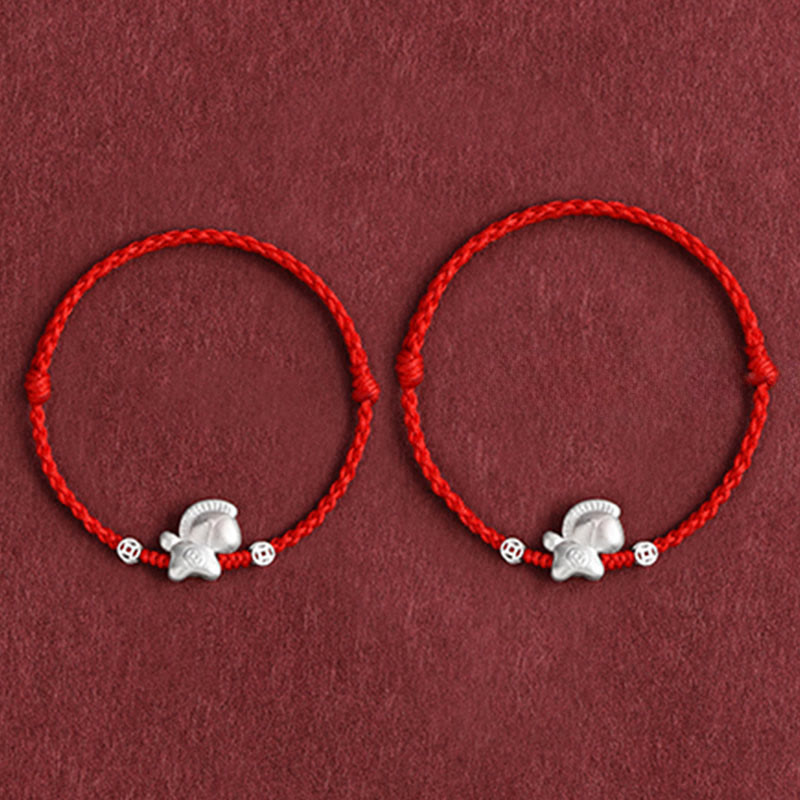 Buddha Stones Year of the Horse 999 Sterling Silver Copper Coins Luck Rope Braided Bracelet Anklet