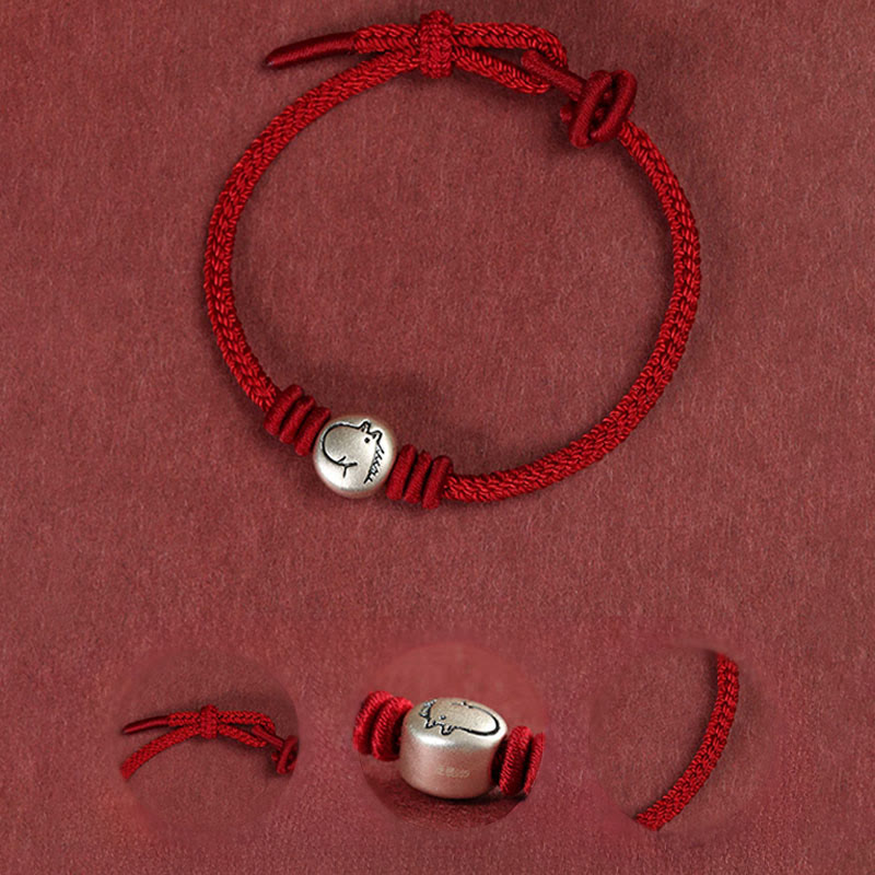Buddha Stones Year of the Horse 999 Sterling Silver Red String Braided Connection Bracelet