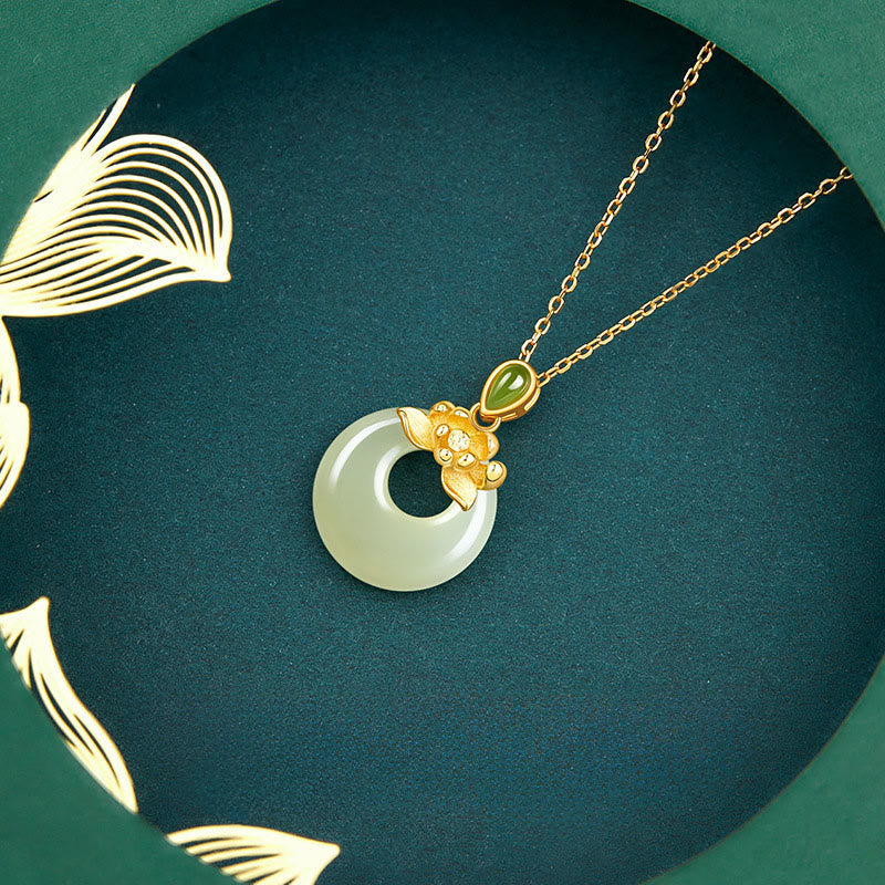 EverestArtstudios 925 Sterling Silver Plated Gold Hetian Jade Lotus Luck Necklace Pendant