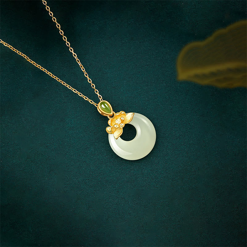EverestArtstudios 925 Sterling Silver Plated Gold Hetian Jade Lotus Luck Necklace Pendant