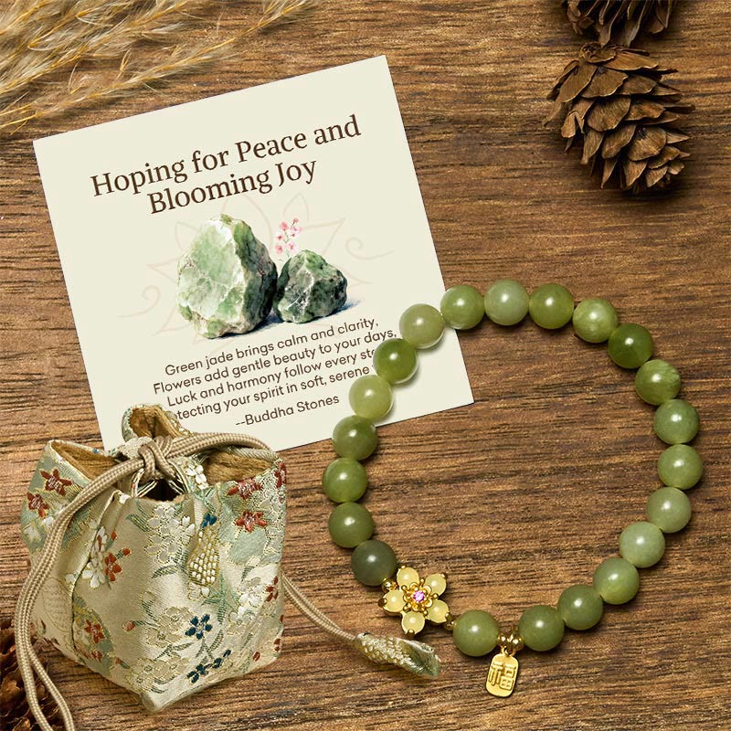 EverestArtstudios "Hoping for Peace and Blooming Joy" Green Jade Bracelet Includes Gift Message Card