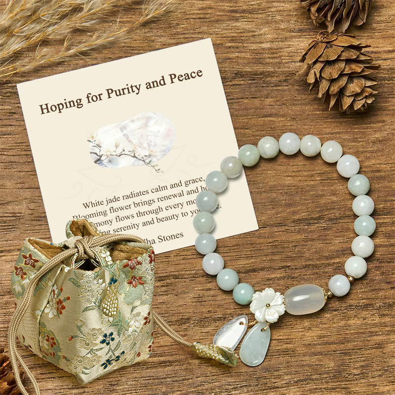 EverestArtstudios "Hoping for Purity and Peace"Natural White Jade Bracelet Includes Gift Message Card