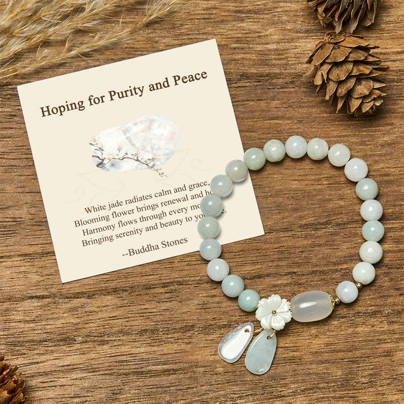 EverestArtstudios "Hoping for Purity and Peace"Natural White Jade Bracelet Includes Gift Message Card