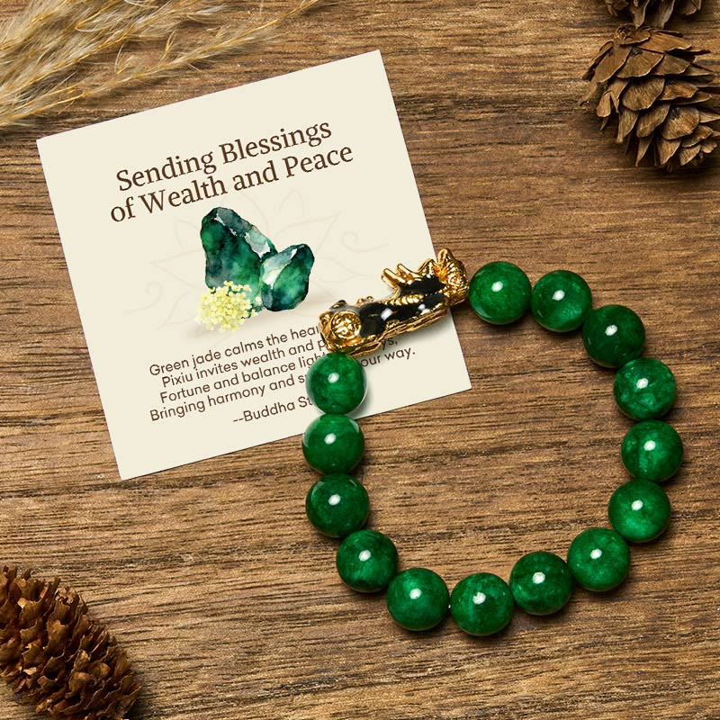 EverestArtstudios "Sending Blessings of Wealth and Peace" PiXiu Jade Bracelet Includes Gift Message Card