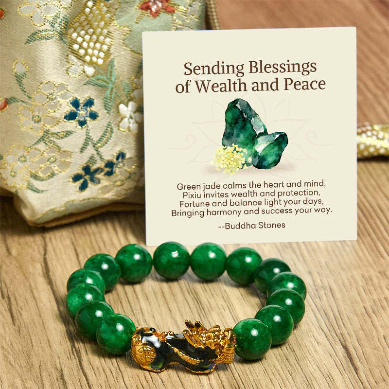 EverestArtstudios "Sending Blessings of Wealth and Peace" PiXiu Jade Bracelet Includes Gift Message Card