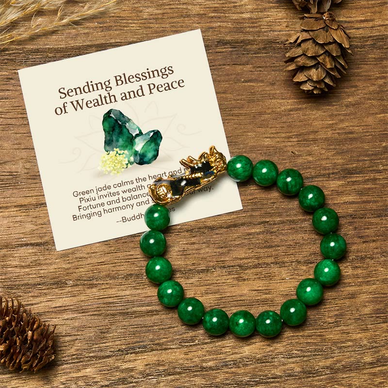 EverestArtstudios "Sending Blessings of Wealth and Peace" PiXiu Jade Bracelet Includes Gift Message Card