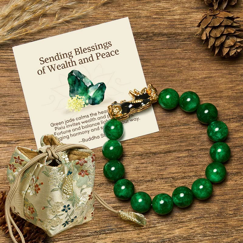 EverestArtstudios "Sending Blessings of Wealth and Peace" PiXiu Jade Bracelet Includes Gift Message Card