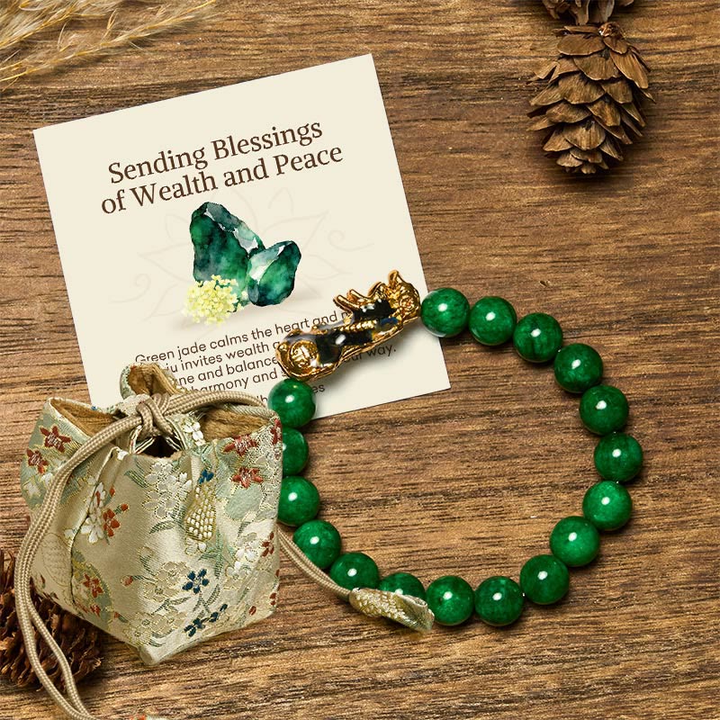 EverestArtstudios "Sending Blessings of Wealth and Peace" PiXiu Jade Bracelet Includes Gift Message Card