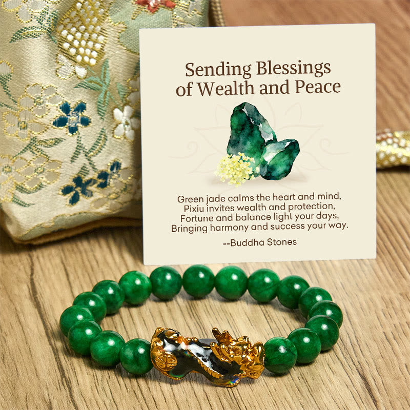 EverestArtstudios "Sending Blessings of Wealth and Peace" PiXiu Jade Bracelet Includes Gift Message Card