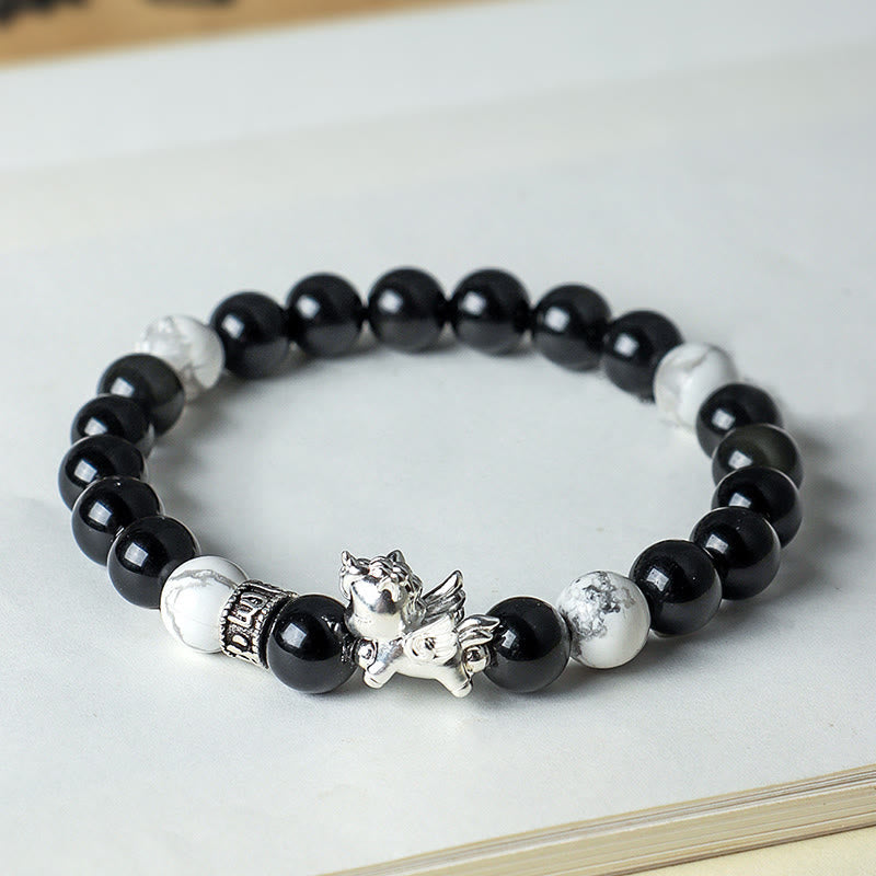 Buddha Stones 999 Sterling Silver Year Of The Horse Natural Black Obsidian Bodhi Seed Strength Bracelet