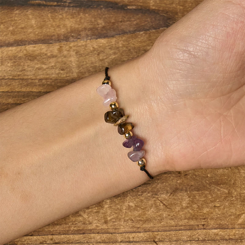 Buddha Stones Amethyst Tiger Eye Rose Quartz Protection Anti-Anxiety Card Rope Bracelet