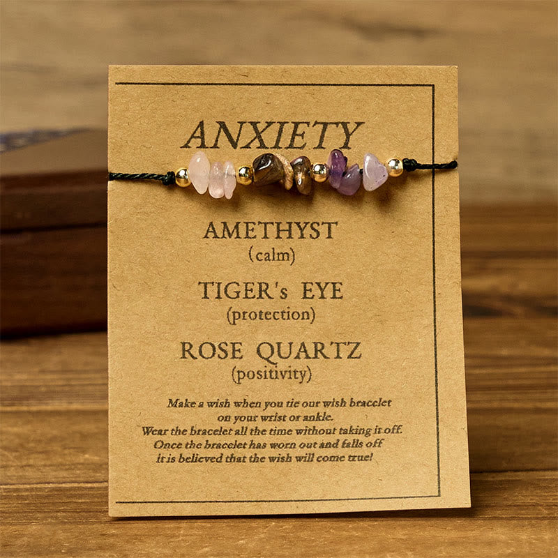 Buddha Stones Amethyst Tiger Eye Rose Quartz Protection Anti-Anxiety Card Rope Bracelet