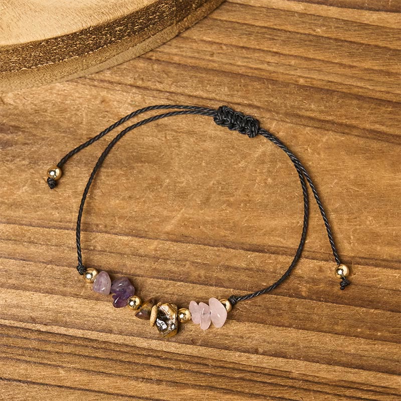Buddha Stones Amethyst Tiger Eye Rose Quartz Protection Anti-Anxiety Card Rope Bracelet
