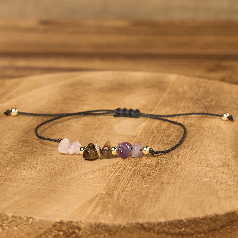 Buddha Stones Amethyst Tiger Eye Rose Quartz Protection Anti-Anxiety Card Rope Bracelet