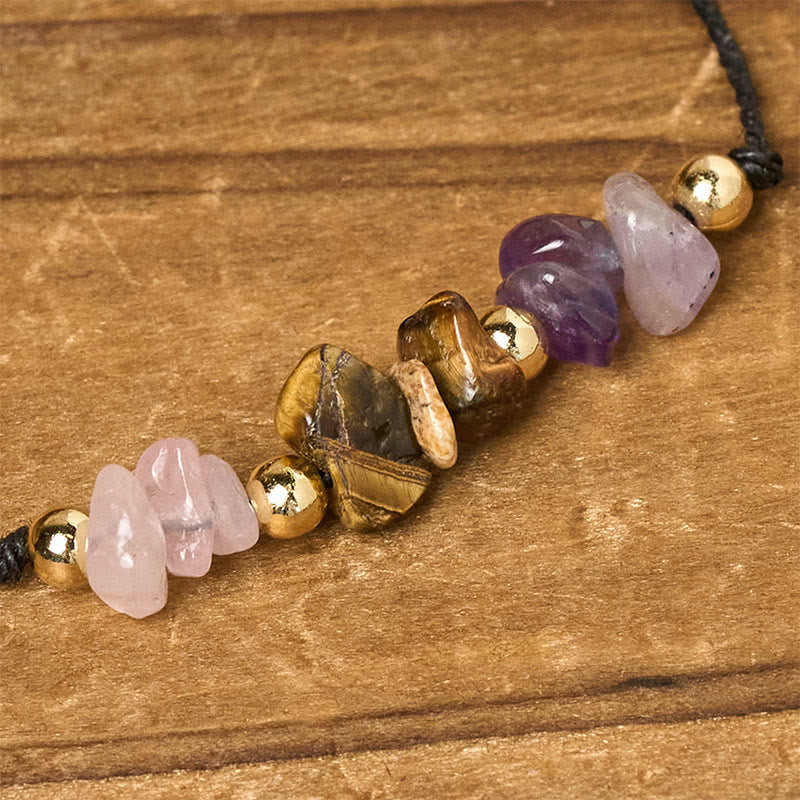 Buddha Stones Amethyst Tiger Eye Rose Quartz Protection Anti-Anxiety Card Rope Bracelet