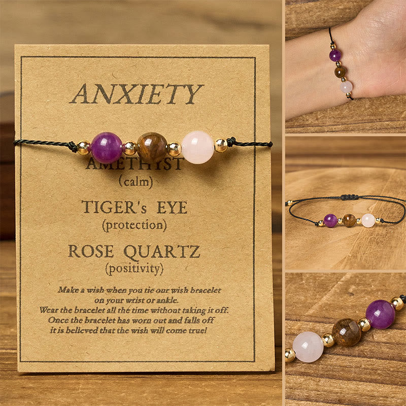 Buddha Stones Amethyst Tiger Eye Rose Quartz Protection Anti-Anxiety Card Rope Bracelet